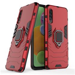 Black Panther Armor Metal Ring Grip Shockproof Dual Layer Rugged Hard Cover for Samsung Galaxy A90 5G - Red