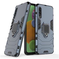 Black Panther Armor Metal Ring Grip Shockproof Dual Layer Rugged Hard Cover for Samsung Galaxy A90 5G - Blue