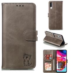 Embossing Happy Cat Leather Wallet Case for Samsung Galaxy A90 5G - Gray