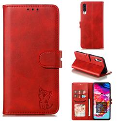 Embossing Happy Cat Leather Wallet Case for Samsung Galaxy A90 5G - Red