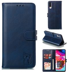 Embossing Happy Cat Leather Wallet Case for Samsung Galaxy A90 5G - Blue
