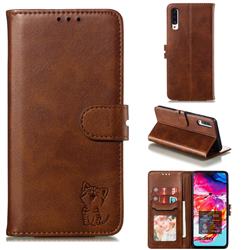 Embossing Happy Cat Leather Wallet Case for Samsung Galaxy A90 5G - Brown