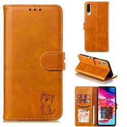Embossing Happy Cat Leather Wallet Case for Samsung Galaxy A90 5G - Yellow