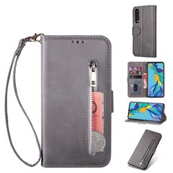 Retro Calfskin Zipper Leather Wallet Case Cover for Samsung Galaxy A90 5G - Grey