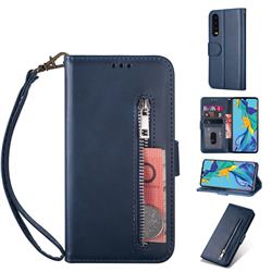 Retro Calfskin Zipper Leather Wallet Case Cover for Samsung Galaxy A90 5G - Blue
