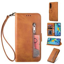 Retro Calfskin Zipper Leather Wallet Case Cover for Samsung Galaxy A90 5G - Brown