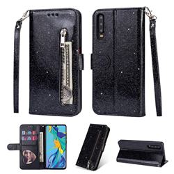 Glitter Shine Leather Zipper Wallet Phone Case for Samsung Galaxy A90 5G - Black