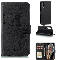 Intricate Embossing Lychee Feather Bird Leather Wallet Case for Samsung Galaxy A90 5G - Black