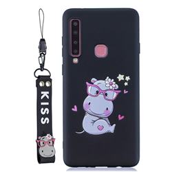 Black Flower Hippo Soft Kiss Candy Hand Strap Silicone Case for Samsung Galaxy A9 (2018) / A9 Star Pro / A9s