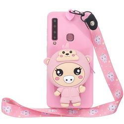 Pink Pig Neck Lanyard Zipper Wallet Silicone Case for Samsung Galaxy A9 (2018) / A9 Star Pro / A9s