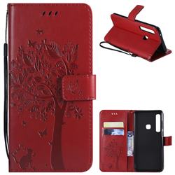 Embossing Butterfly Tree Leather Wallet Case for Samsung Galaxy A9 (2018) / A9 Star Pro / A9s - Red