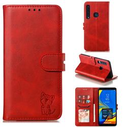 Embossing Happy Cat Leather Wallet Case for Samsung Galaxy A9 (2018) / A9 Star Pro / A9s - Red