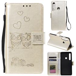 Embossing Owl Couple Flower Leather Wallet Case for Samsung Galaxy A9 (2018) / A9 Star Pro / A9s - Golden