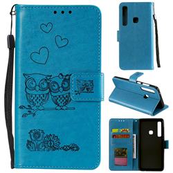 Embossing Owl Couple Flower Leather Wallet Case for Samsung Galaxy A9 (2018) / A9 Star Pro / A9s - Blue