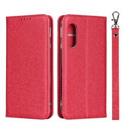 Ultra Slim Magnetic Automatic Suction Silk Lanyard Leather Flip Cover for Sharp AQUOS sense3 Lite SH-RM12 - Red
