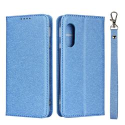 Ultra Slim Magnetic Automatic Suction Silk Lanyard Leather Flip Cover for Sharp AQUOS sense3 Lite SH-RM12 - Sky Blue