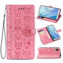 Embossing Dog Paw Kitten and Puppy Leather Wallet Case for Sharp AQUOS sense3 Lite SH-RM12 - Pink