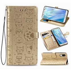 Embossing Dog Paw Kitten and Puppy Leather Wallet Case for Sharp AQUOS sense3 Lite SH-RM12 - Champagne Gold