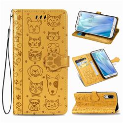 Embossing Dog Paw Kitten and Puppy Leather Wallet Case for Sharp AQUOS sense3 Lite SH-RM12 - Yellow