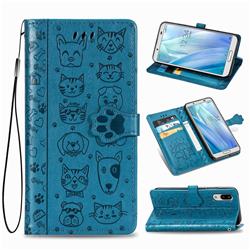 Embossing Dog Paw Kitten and Puppy Leather Wallet Case for Sharp AQUOS sense3 Lite SH-RM12 - Blue