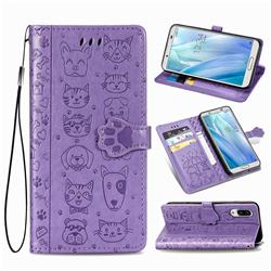 Embossing Dog Paw Kitten and Puppy Leather Wallet Case for Sharp AQUOS sense3 Plus SHV46 - Purple