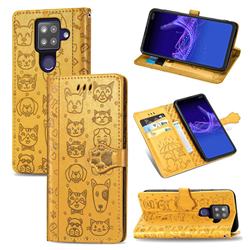 Embossing Dog Paw Kitten and Puppy Leather Wallet Case for Sharp AQUOS sense4 Plus - Yellow