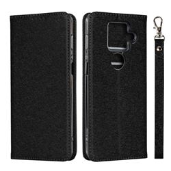 Ultra Slim Magnetic Automatic Suction Silk Lanyard Leather Flip Cover for Sharp AQUOS sense4 Plus - Black