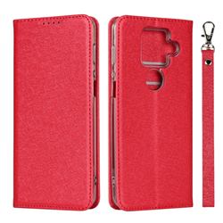 Ultra Slim Magnetic Automatic Suction Silk Lanyard Leather Flip Cover for Sharp AQUOS sense4 Plus - Red
