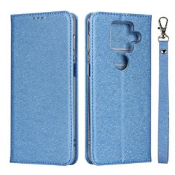 Ultra Slim Magnetic Automatic Suction Silk Lanyard Leather Flip Cover for Sharp AQUOS sense4 Plus - Sky Blue