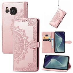 Embossing Imprint Mandala Flower Leather Wallet Case for Sharp AQUOS sense7 Plus - Rose Gold