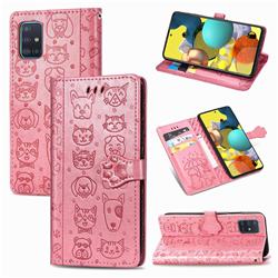 Embossing Dog Paw Kitten and Puppy Leather Wallet Case for Docomo Galaxy A51 5G SC-54A - Pink