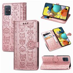 Embossing Dog Paw Kitten and Puppy Leather Wallet Case for Docomo Galaxy A51 5G SC-54A - Rose Gold