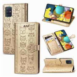 Embossing Dog Paw Kitten and Puppy Leather Wallet Case for Docomo Galaxy A51 5G SC-54A - Champagne Gold