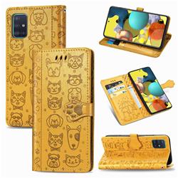 Embossing Dog Paw Kitten and Puppy Leather Wallet Case for Docomo Galaxy A51 5G SC-54A - Yellow