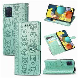 Embossing Dog Paw Kitten and Puppy Leather Wallet Case for Docomo Galaxy A51 5G SC-54A - Green
