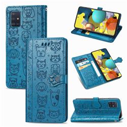 Embossing Dog Paw Kitten and Puppy Leather Wallet Case for Docomo Galaxy A51 5G SC-54A - Blue