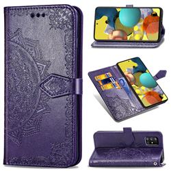 Embossing Imprint Mandala Flower Leather Wallet Case for Docomo Galaxy A51 5G SC-54A - Purple