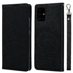 Ultra Slim Magnetic Automatic Suction Silk Lanyard Leather Flip Cover for Docomo Galaxy A51 5G SC-54A - Black
