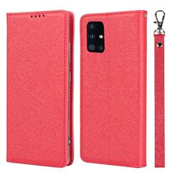 Ultra Slim Magnetic Automatic Suction Silk Lanyard Leather Flip Cover for Docomo Galaxy A51 5G SC-54A - Red
