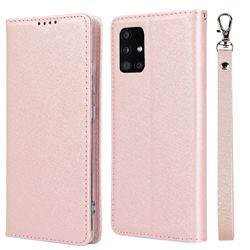 Ultra Slim Magnetic Automatic Suction Silk Lanyard Leather Flip Cover for Docomo Galaxy A51 5G SC-54A - Rose Gold