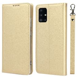 Ultra Slim Magnetic Automatic Suction Silk Lanyard Leather Flip Cover for Docomo Galaxy A51 5G SC-54A - Golden