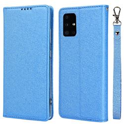 Ultra Slim Magnetic Automatic Suction Silk Lanyard Leather Flip Cover for Docomo Galaxy A51 5G SC-54A - Sky Blue