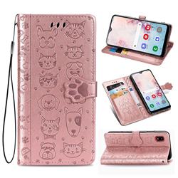 Embossing Dog Paw Kitten and Puppy Leather Wallet Case for Samsung Galaxy A30 Japan Version SCV43 - Rose Gold
