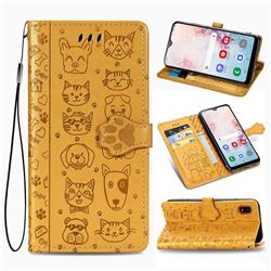 Embossing Dog Paw Kitten and Puppy Leather Wallet Case for Samsung Galaxy A30 Japan Version SCV43 - Yellow