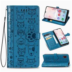 Embossing Dog Paw Kitten and Puppy Leather Wallet Case for Samsung Galaxy A30 Japan Version SCV43 - Blue