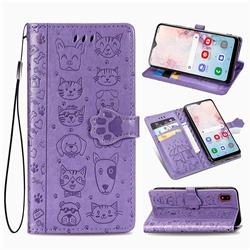 Embossing Dog Paw Kitten and Puppy Leather Wallet Case for Samsung Galaxy A30 Japan Version SCV43 - Purple