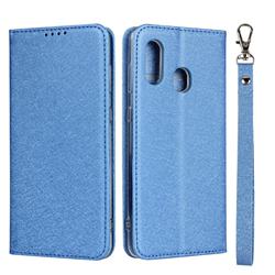Ultra Slim Magnetic Automatic Suction Silk Lanyard Leather Flip Cover for Samsung Galaxy A30 Japan Version SCV43 - Sky Blue