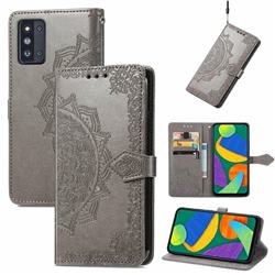 Embossing Imprint Mandala Flower Leather Wallet Case for Samsung Galaxy F52 5G - Gray