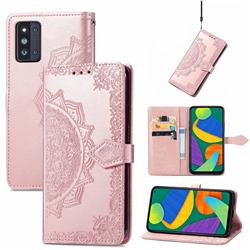 Embossing Imprint Mandala Flower Leather Wallet Case for Samsung Galaxy F52 5G - Rose Gold