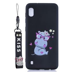Black Flower Hippo Soft Kiss Candy Hand Strap Silicone Case for Samsung Galaxy A01
